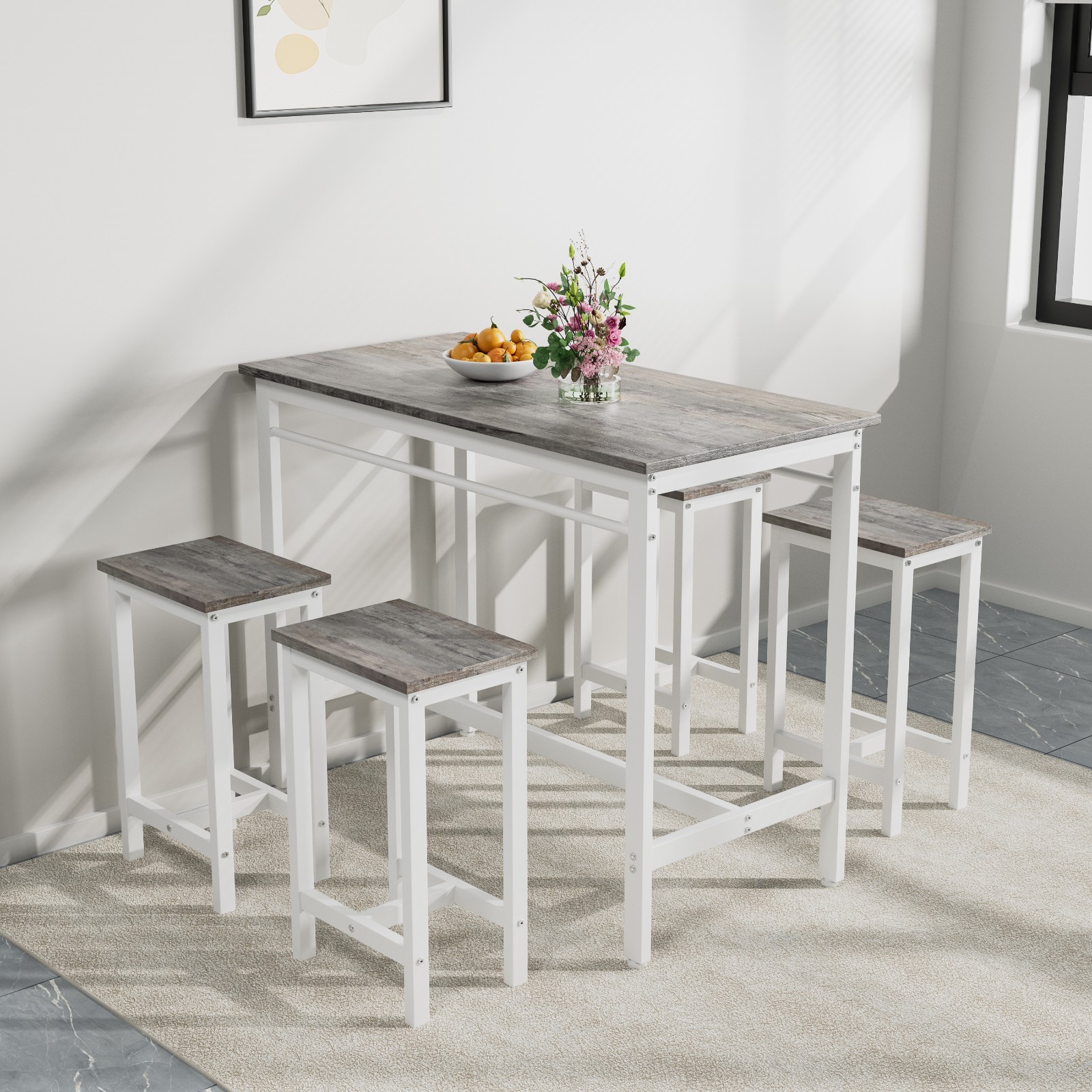 Modern 5PC Kitchen Bar Table Set w/Stools Metal Frame White Oak