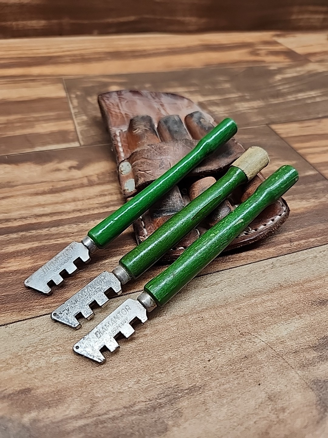 Vintage Diamantor Glass Cutters Germany Green Wooden Handle with CR Laurence