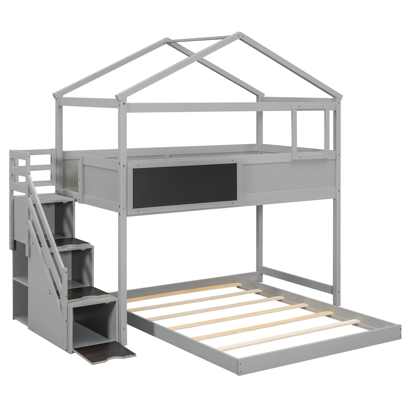 Wood Bed Frame Twin over Full House Bunk Bed w/Storage Staircase & Blackboard