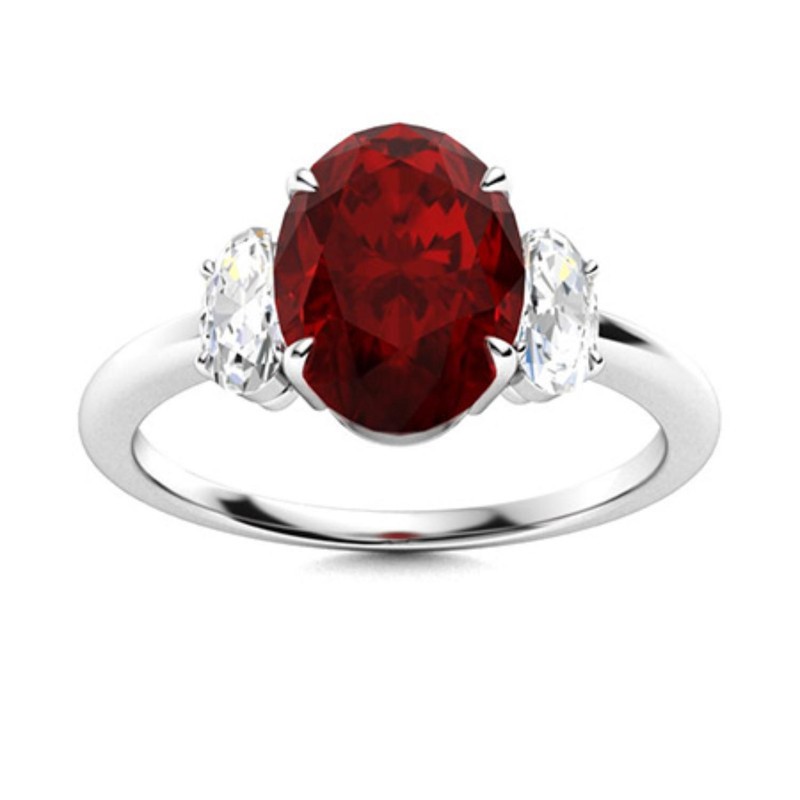 7x5mm Oval Shape Red Garnet Gemstone Three-Stone Ring 925 Sterling Silver