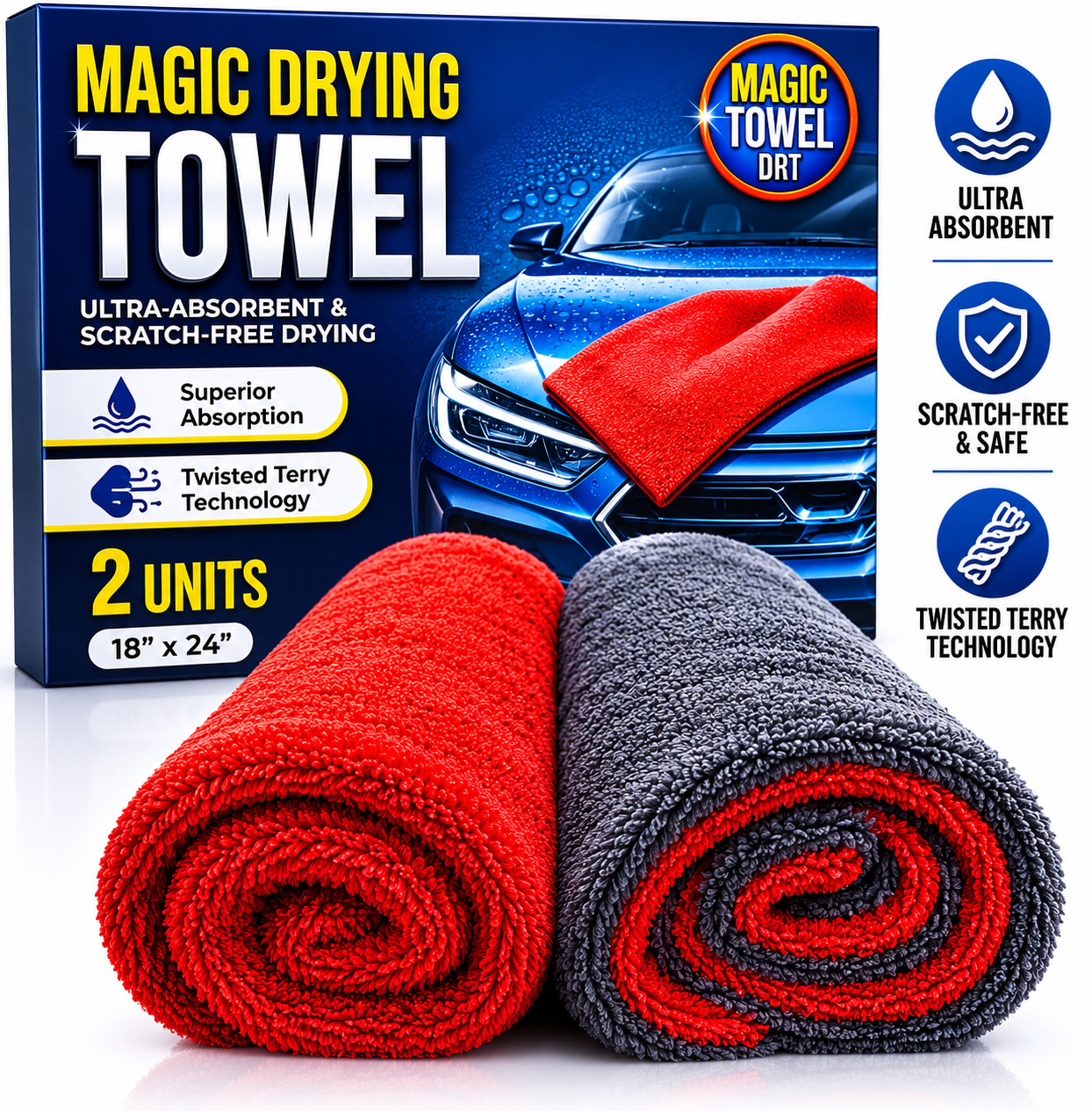 Microfiber Car Drying Towel 2-Pack 18x24in Gray Red Twisted Terry Ultra Absorben
