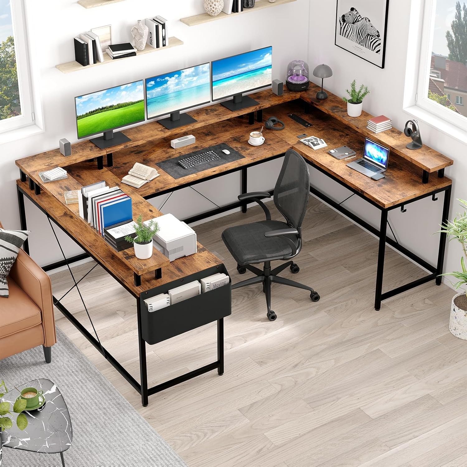 79" Reversible U Shaped Computer Gaming Desk L Shaped Office Desk Table