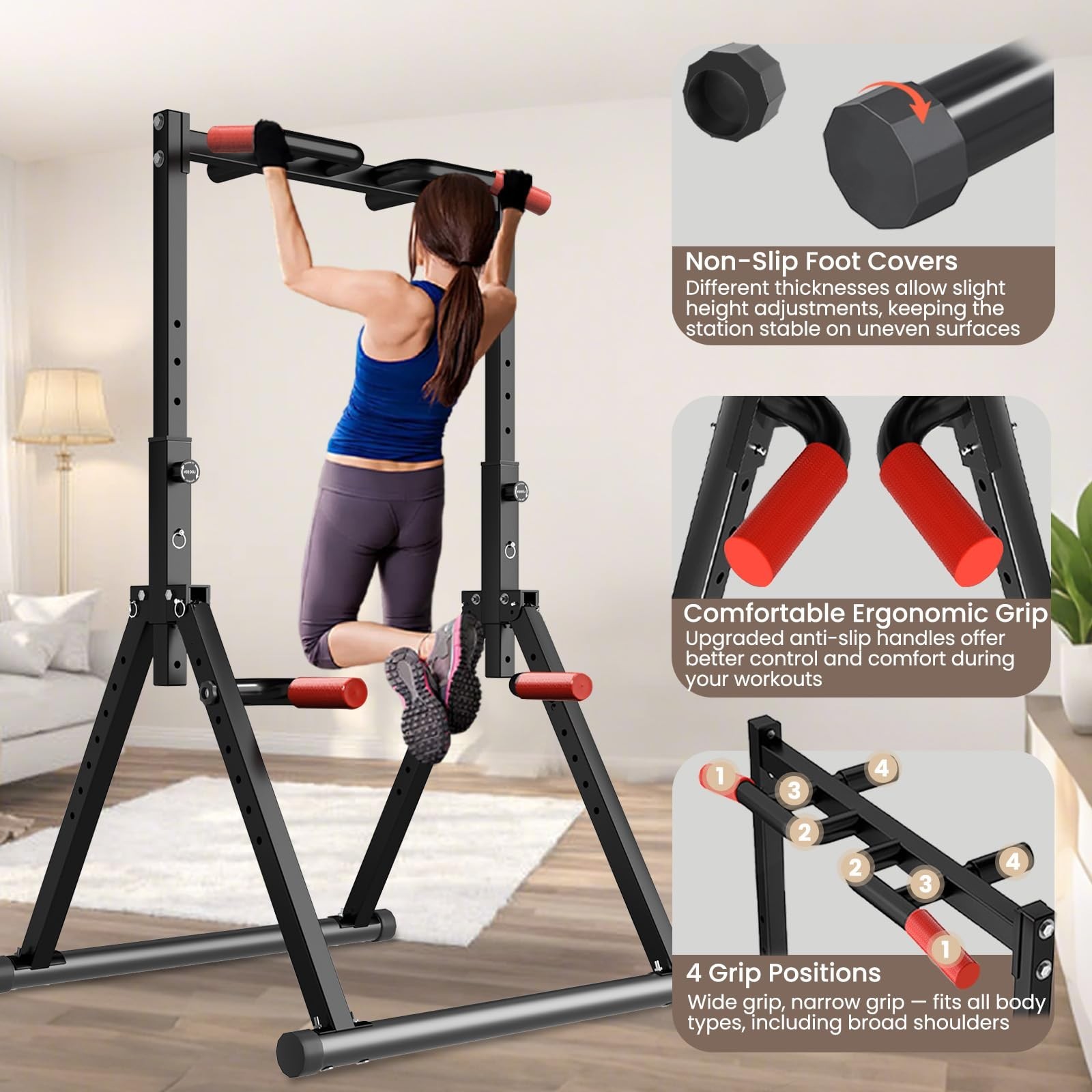 Power Tower Pull Up Dip Station Foldable, Pull Up Bar Station Adjustable, Mul...