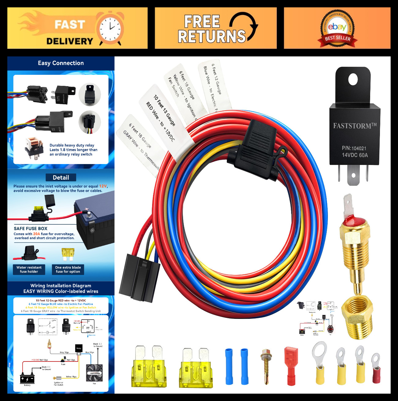 12V 60 AMP Electric Fan Relay Kit - Waterproof Radiator Cooling System w/ Thermo