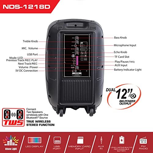 Naxa Electronics NDS-1218D Dual Bluetooth True Wireless Sync Party Speakers ...