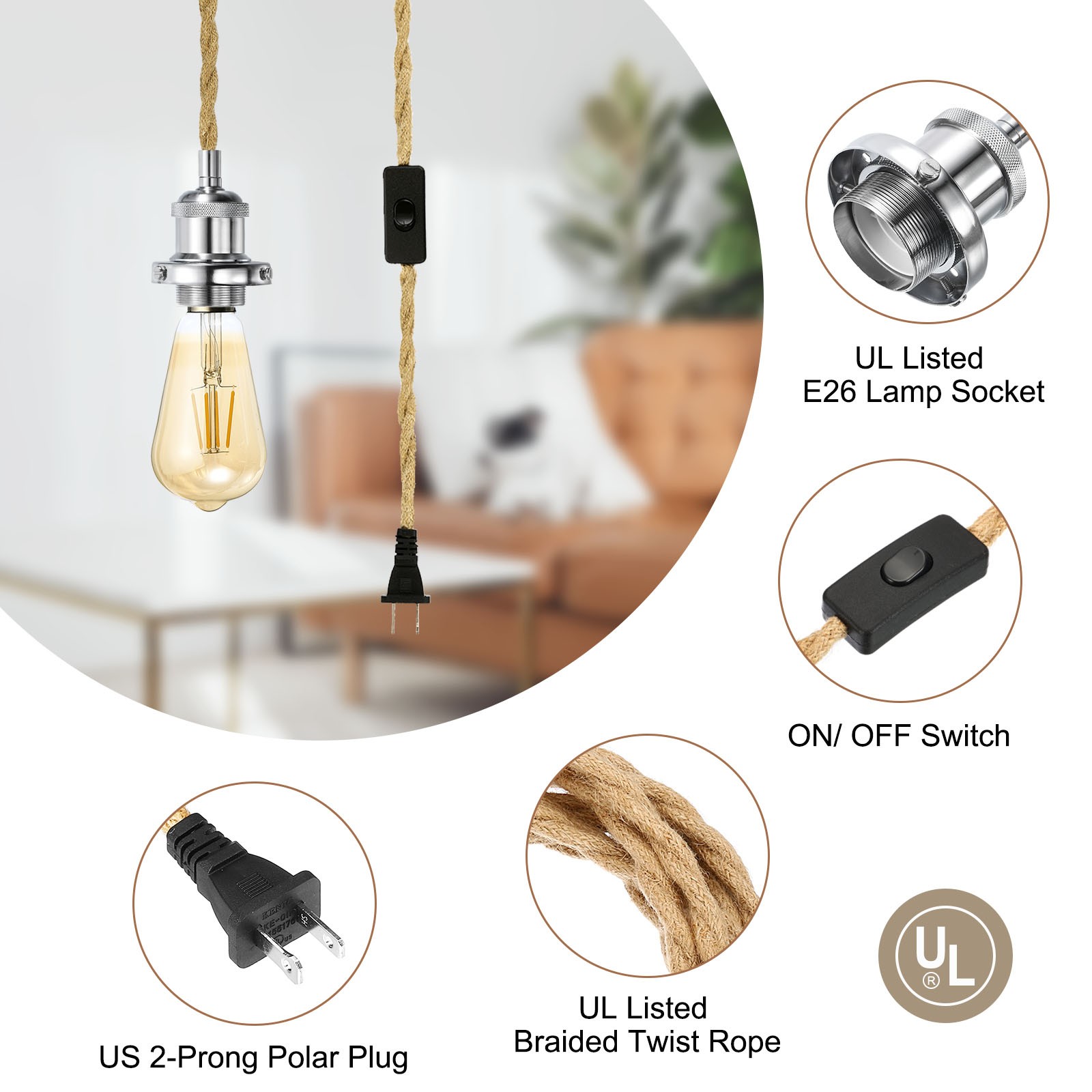 15.4Ft Pendant Light Cord Bundle Plug in E26 Socket Vintage Twisted Rope Chrome