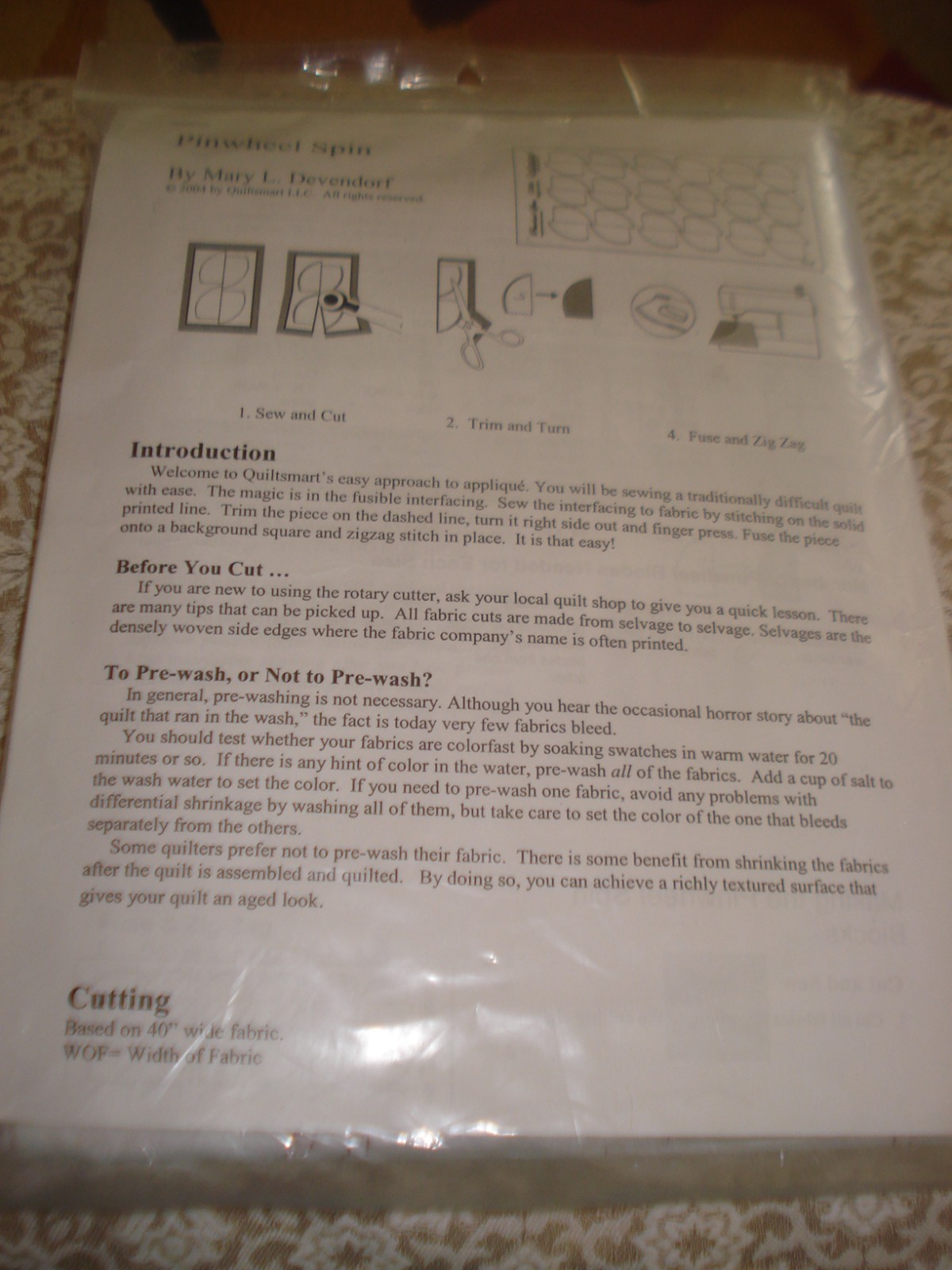 Vtg Pattern & Printed Interfacing Quilt PINWHEEL SPIN Quiltsmart Mary Devendorf