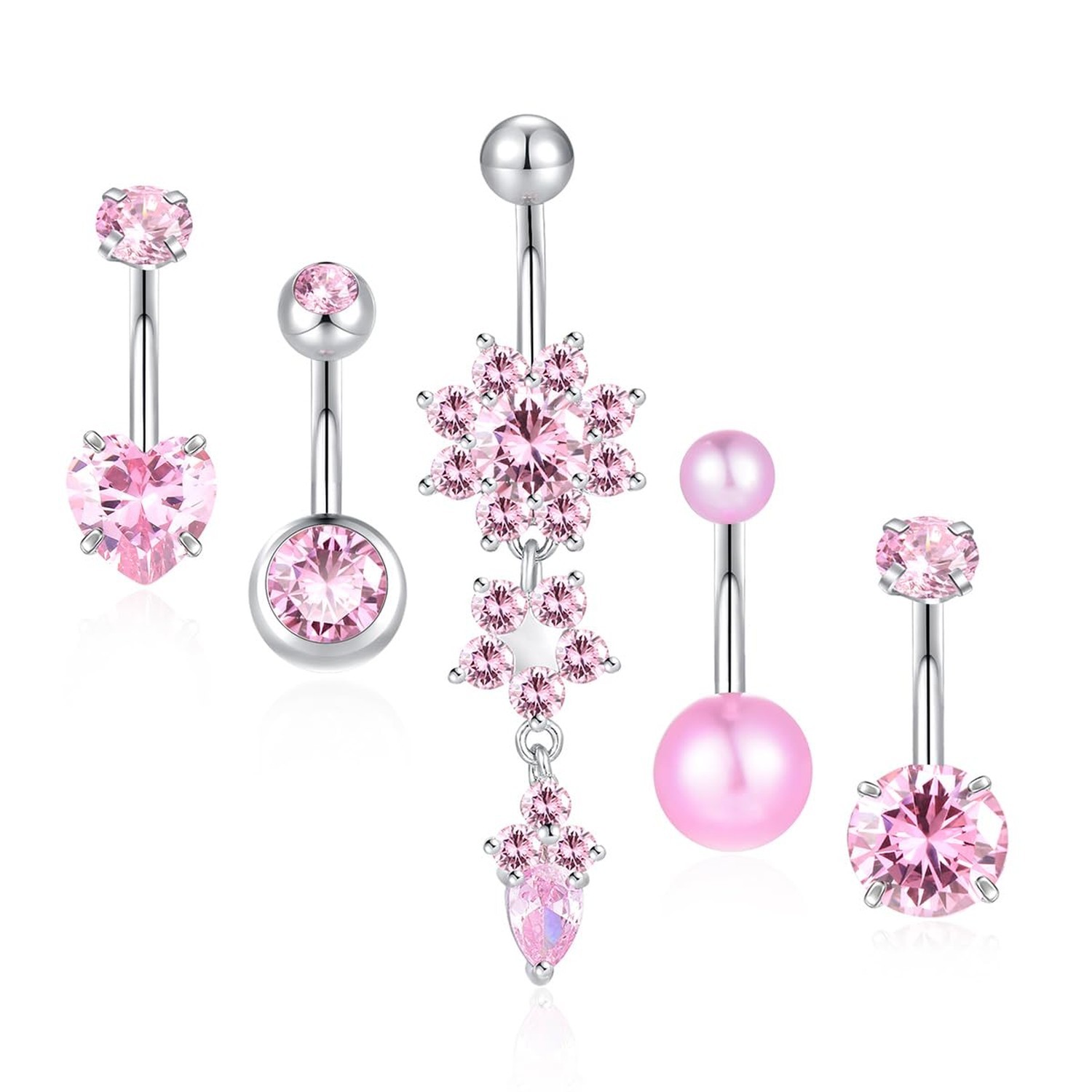 Belly Button Rings Dangle Surgical Stainless Steel Belly Rings Cute Pink CZ N...