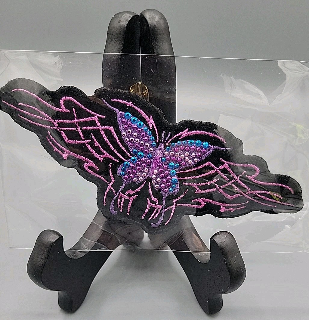 VTG Butterfly Patch Pink Purple Blue Stud 6"x 2.25 Embroidered Iron-On Biker Y2K