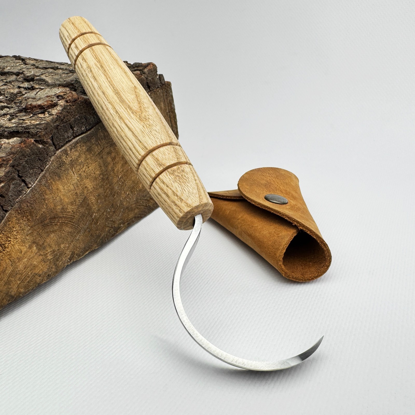 Hand-Forged Hook Knife with Sheath – 52100 Steel, Ash Handle, For Spoon Carving