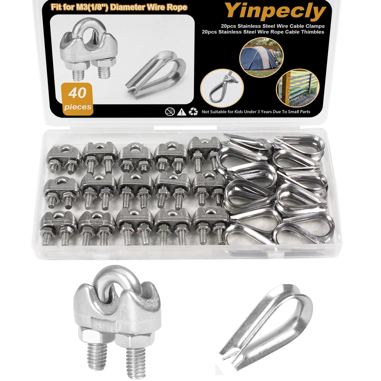 Yinpecly 20Pcs 1/8'' M3 Wire Rope Clamps - 1/8”