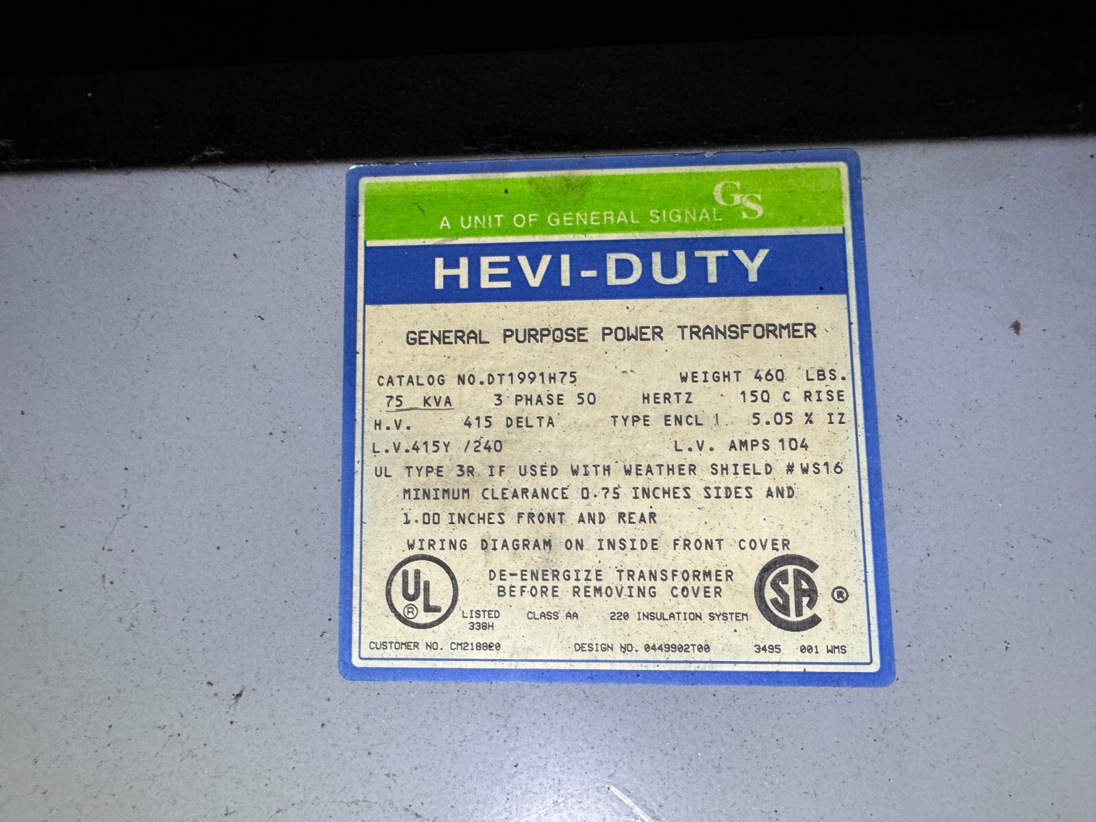 General Signal Cat 1991H75 75 KVA 415 Dry Delta -415Y /240 104 LV Amps