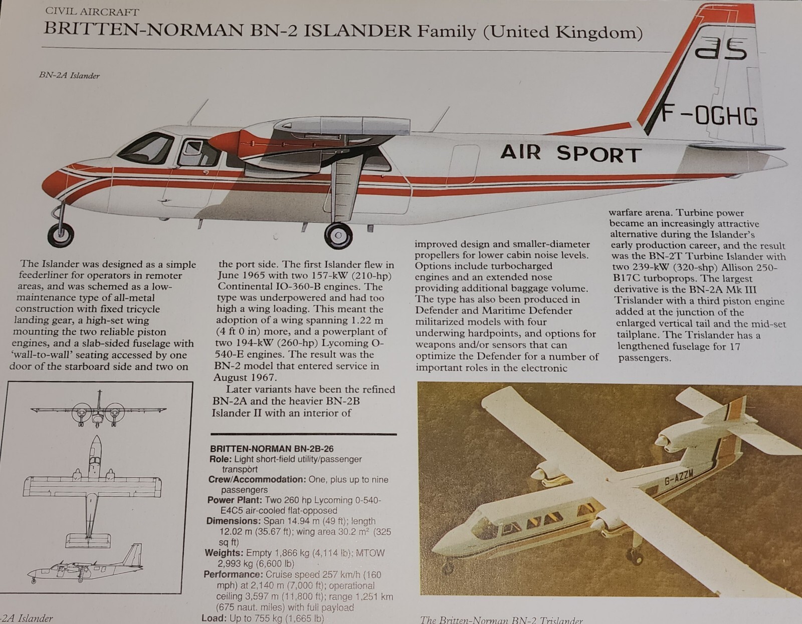 Britten Norman Islander Picture Out of Print Article Spec Sheet Wall Art