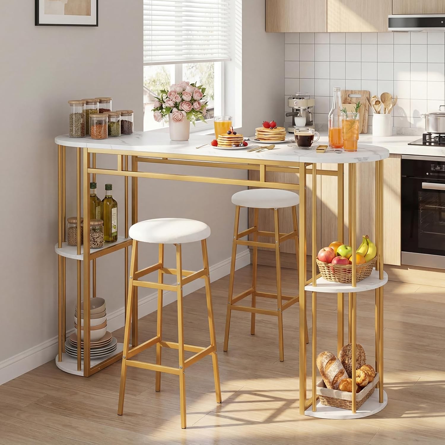 Bar Table Set for 2 with Storage Shelves, 60" Dining Table & 2 Upholstered