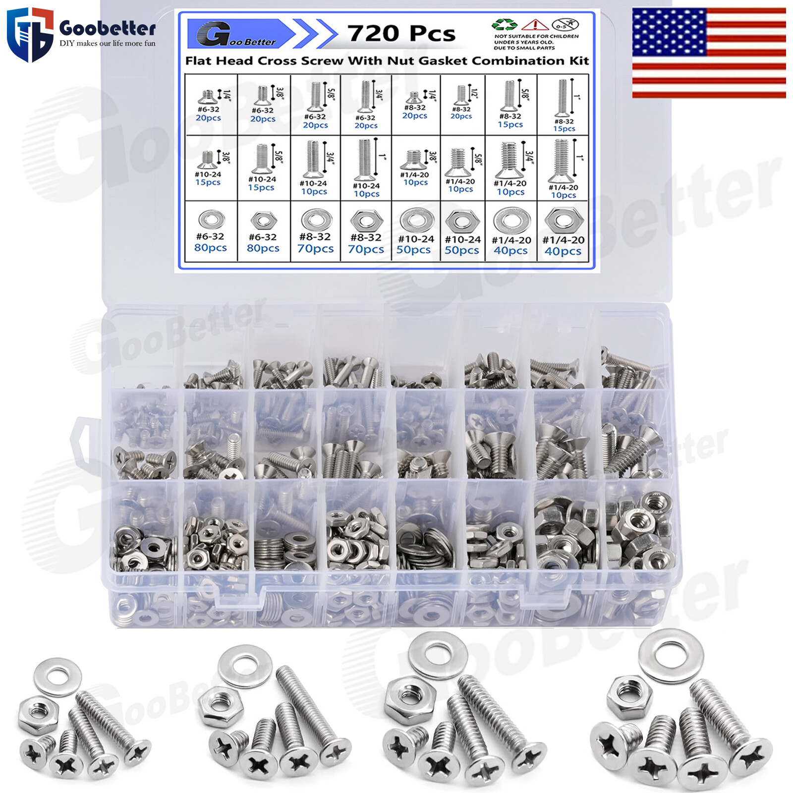 720x Stainless Steel Phillips Countersunk Flat Head Machine Screw Assortment Kit