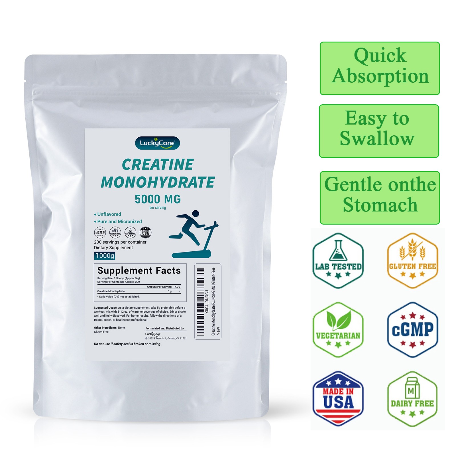 Pure Creatine Monohydrate Powder 2.2lbs (1000g) Micronized 200 Servings USA