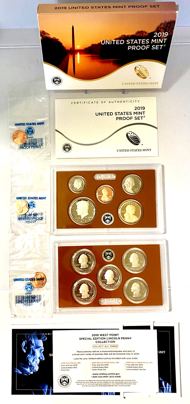2019 S Proof Set Original Box &  (3) 1 Cent Uncirculated-Proof-Reverse Proof OGP