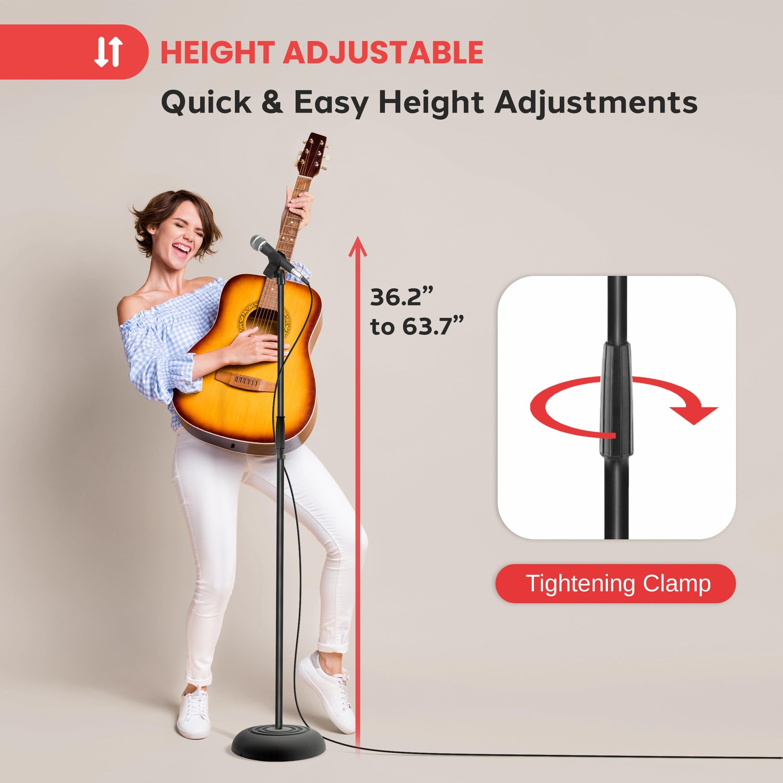 Pyle Adjustable Height Mic Stand, 36.2" - 63.7” Universal Mic Holder (Black)