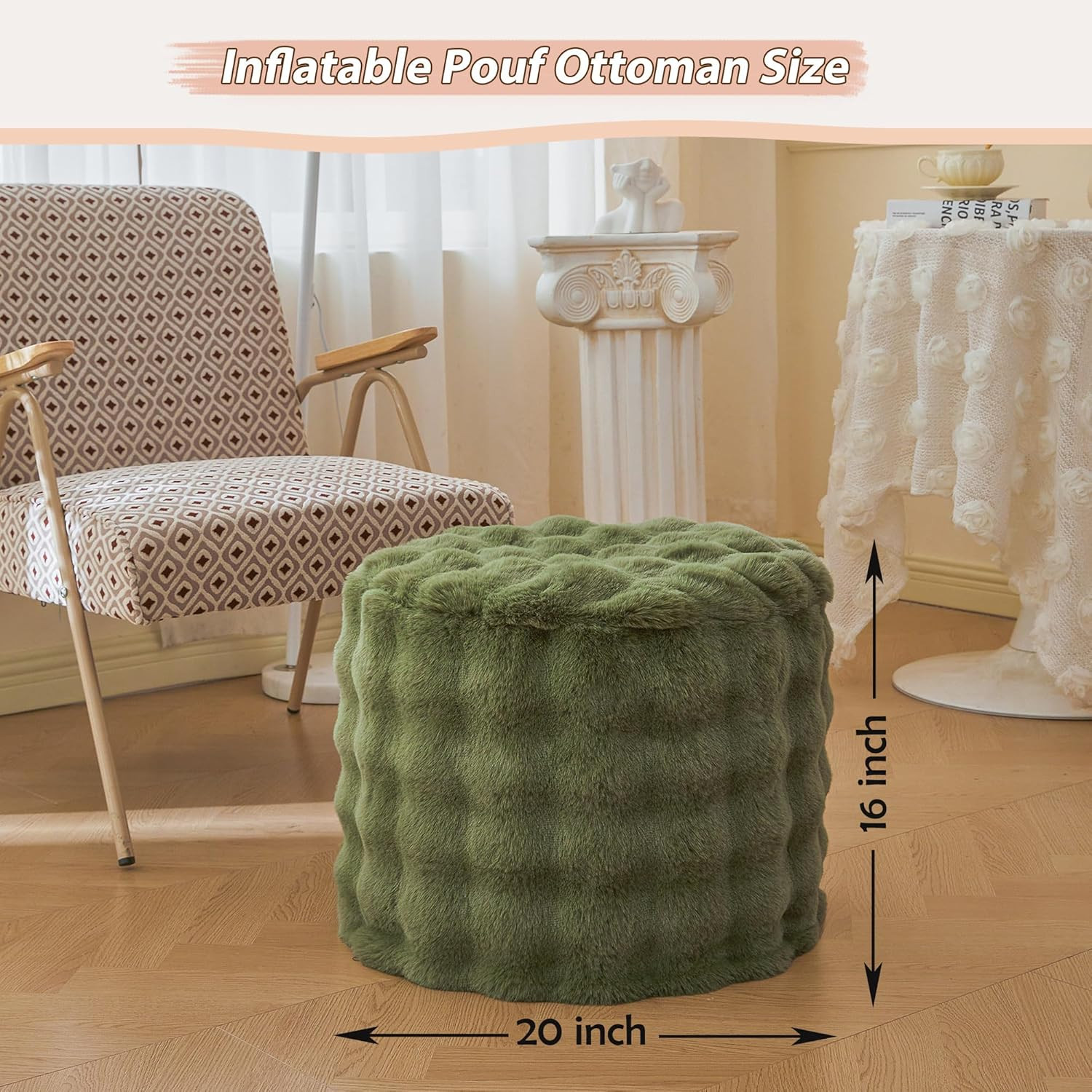Faux Rabbit Fur round Inflatable Pouf Ottoman, 20" X 16" Plush Fuzzy Waffle Bubb