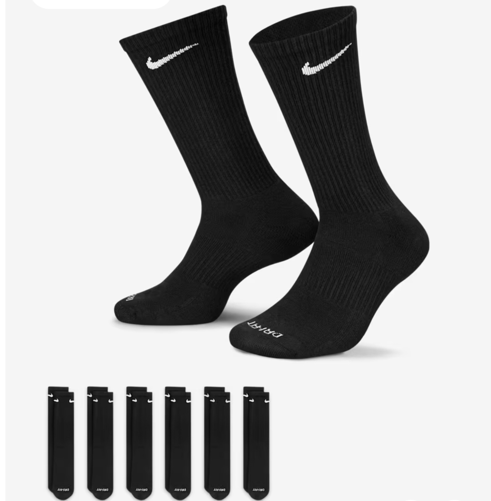 Nike Every Day Dri Fit Plus Cushioned Training Crew Black Socks - Six Pairs