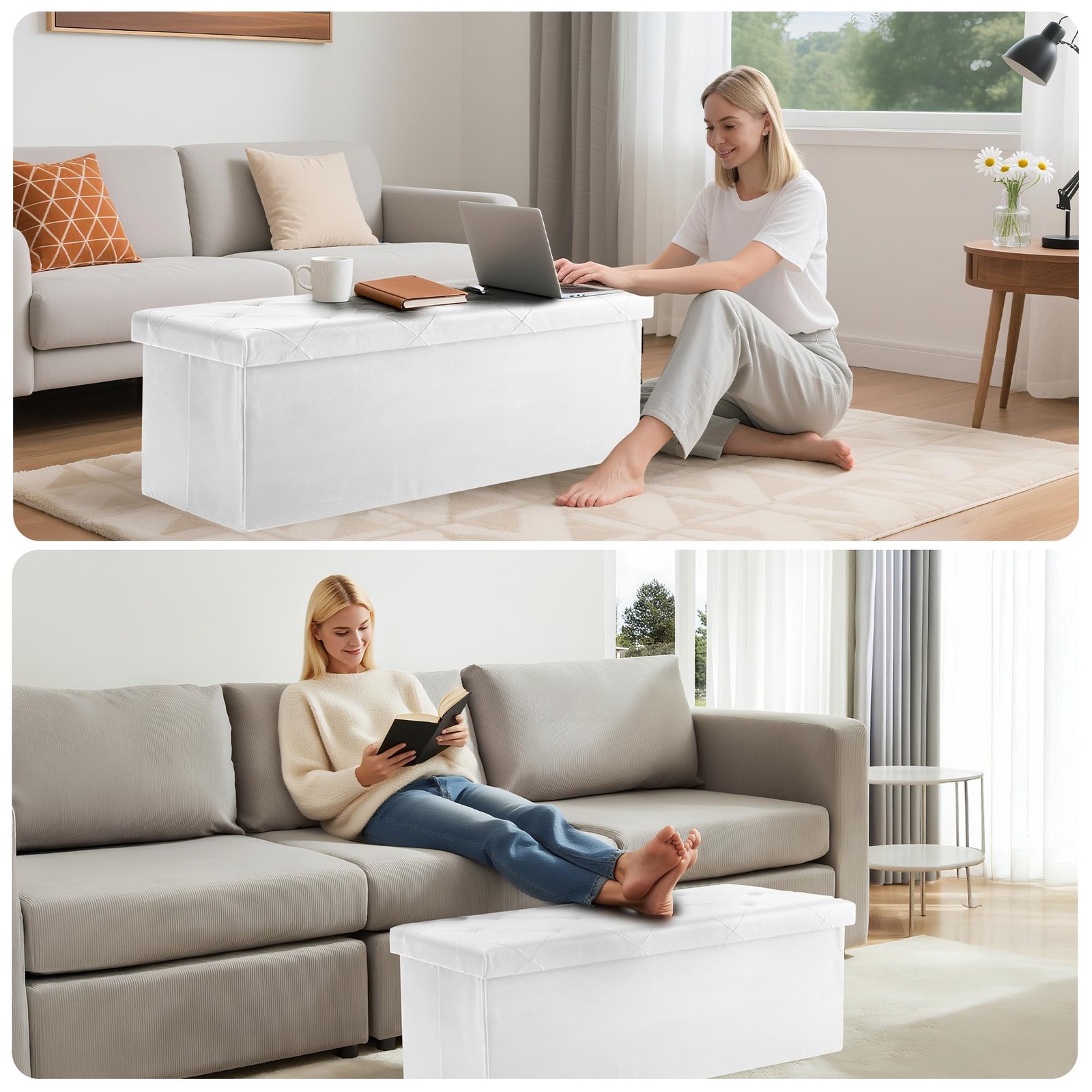 43 Inches Folding Ottoman with Storage Bench, Foot Rest Stool, End of Bed Sto...