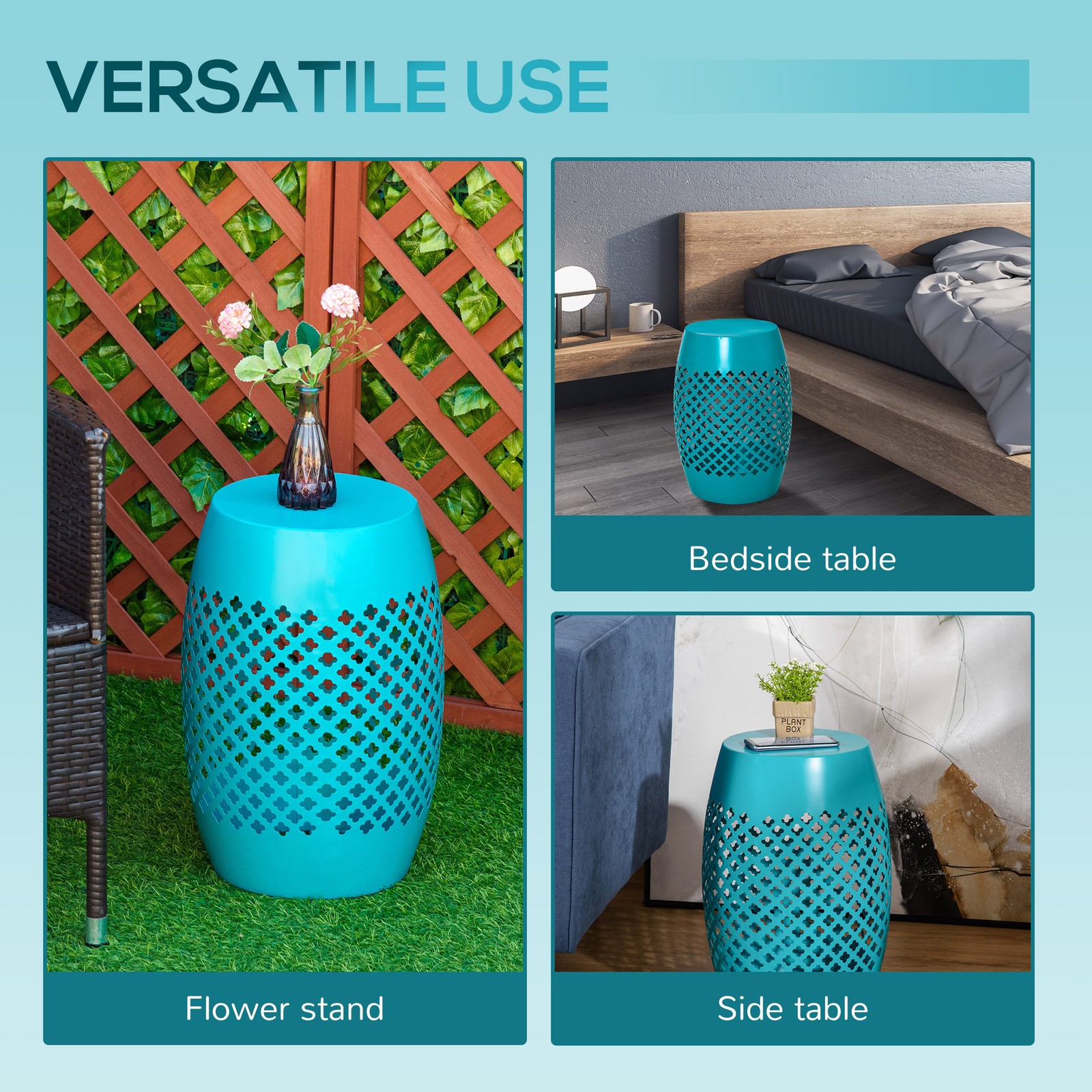 Chic, Modern, Outdoor & Indoor Garden Steel Round Side Table, Hollow Drum, Blue
