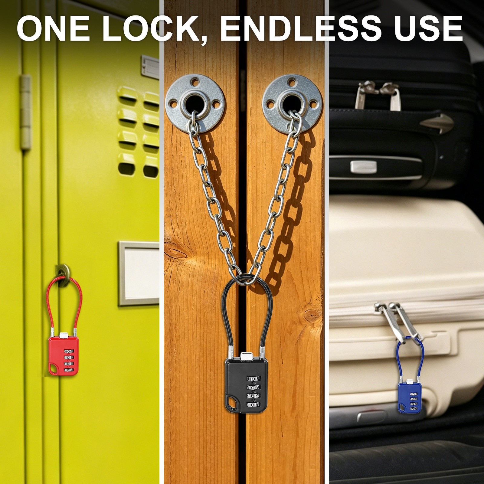 4Pcs Combination Cable Padlock with 5.3" (13.5cm) Flexible Cable, Red