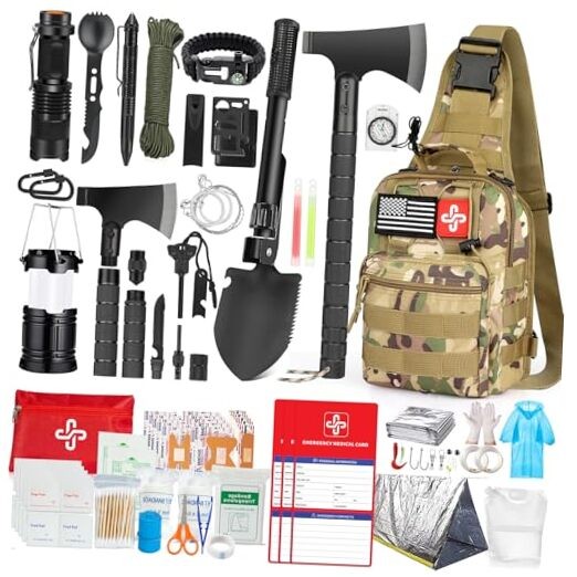 Survival Kit, 262Pcs Survival Gear and Supplies with First Aid Kit Pouch Brown