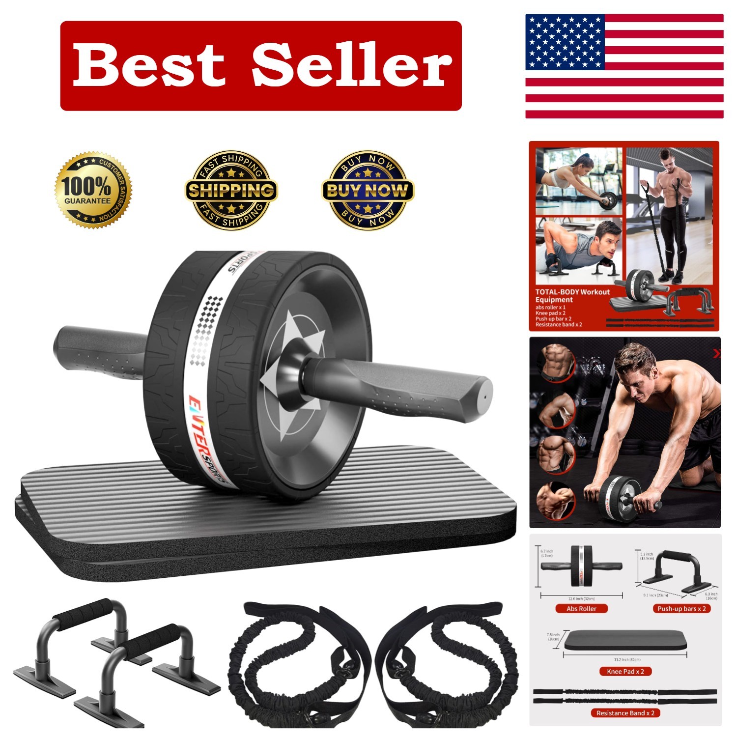 6-in-1 Ab Roller Wheel Kit with Push Up Bars & Resistance Bands for Core Fitness