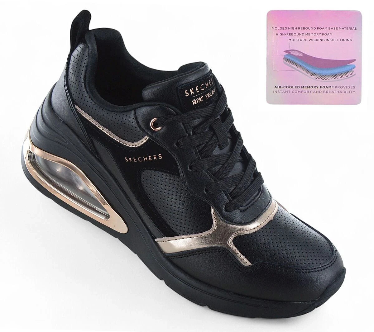 Skechers Shoes Women's Black Gold Air UNO Memory Foam Sport Comfort Wedge 177810
