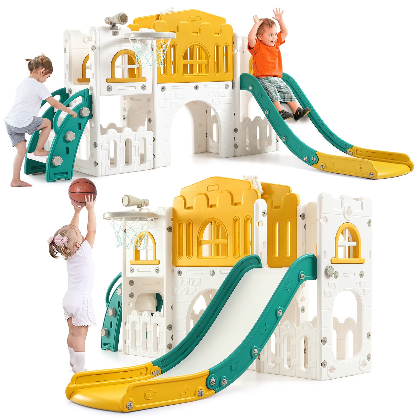 8 In 1 Toddler Slide Indoor Playground, With Slide, Basketball Hoop and Climber