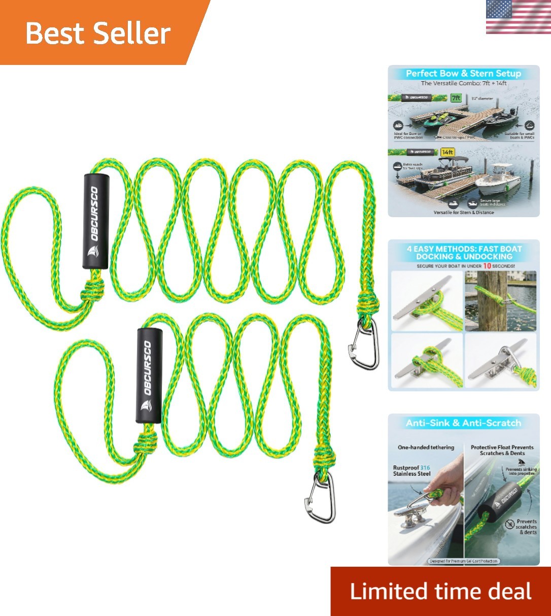 PWC Boat Dock Lines, Jet Ski Dock Rope Mooring Ropes | 7 ft & 14 ft, 316 Stai...