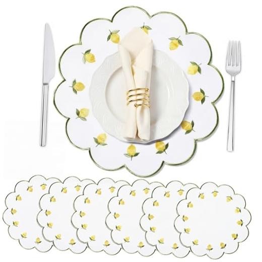 Qinyoung 6 Pieces Placemats 13.8 Inch Scalloped Embroidery 13.8 Inches Lemon