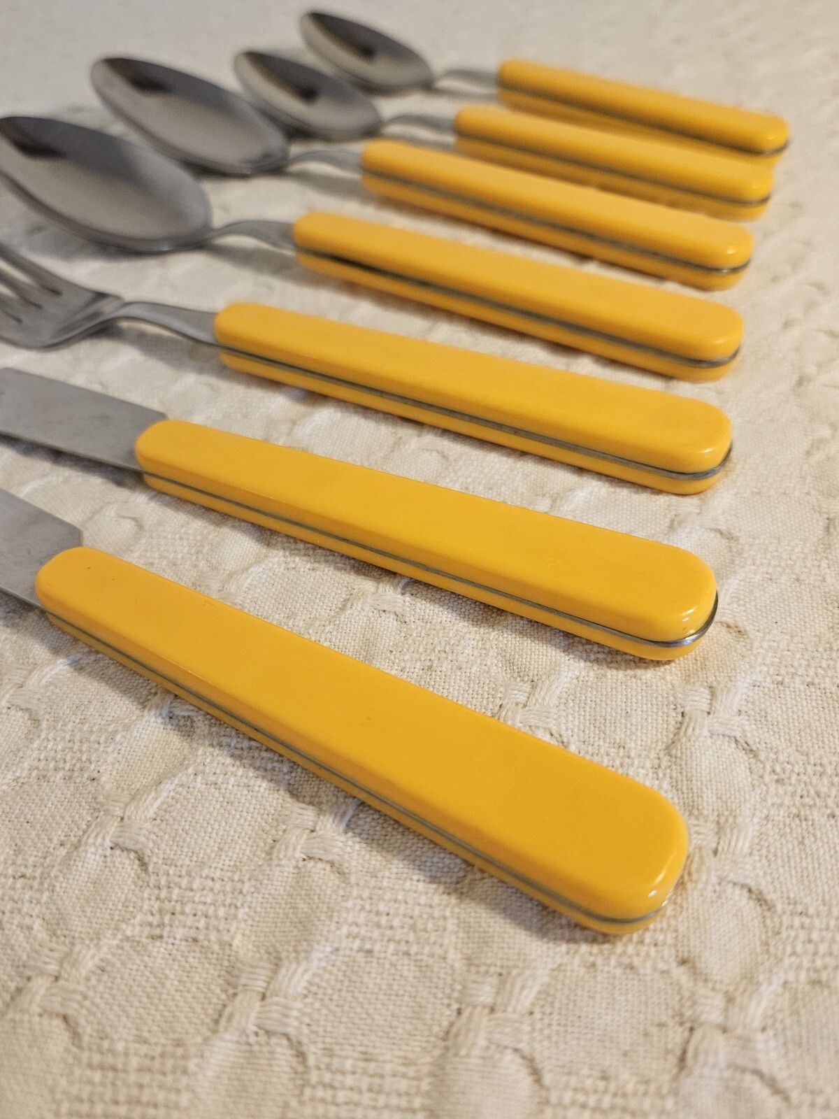 7pc Lot Yellow Plastic Handle Flatware, Knives Fork Spoons Thailand Unbranded