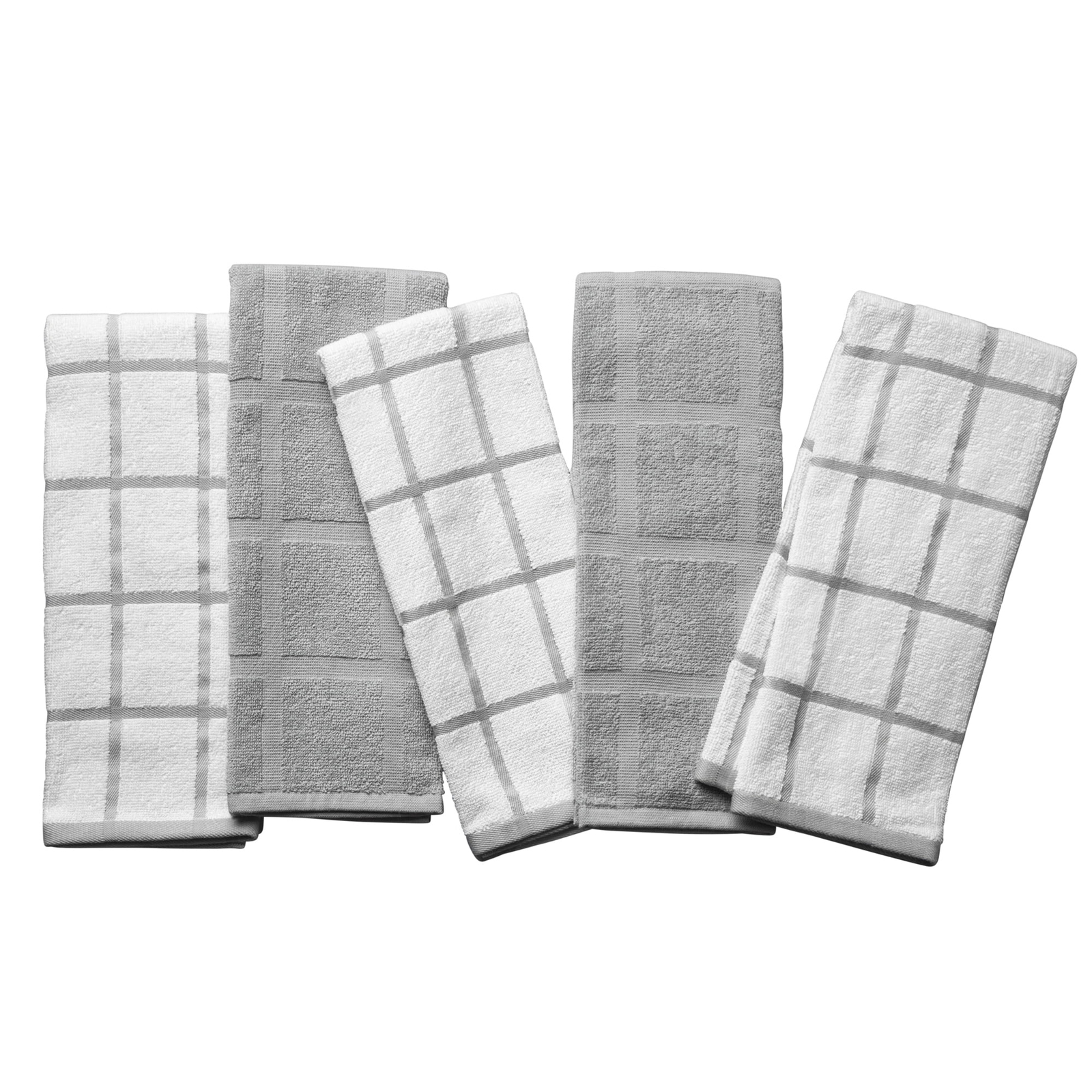 Kitchen Towels, Gray & White Windowpane, 5 Pack Set