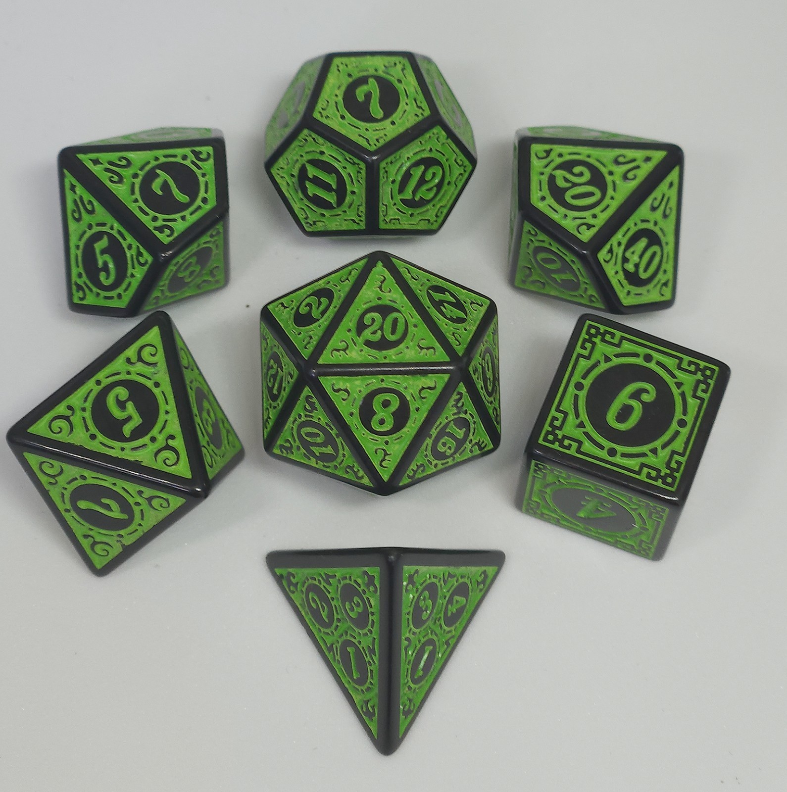 Vintage Carved Green DnD 7 Dice Set Polyhedral Dungeons & Dragons RPG Dice