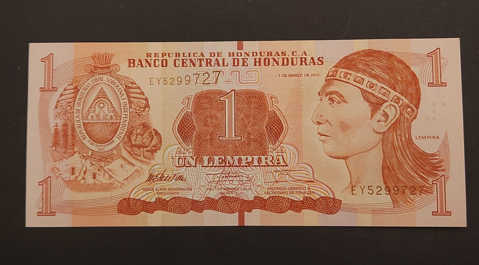 Honduras banknote, 1  Lempira,  2012  SN - EY5299727