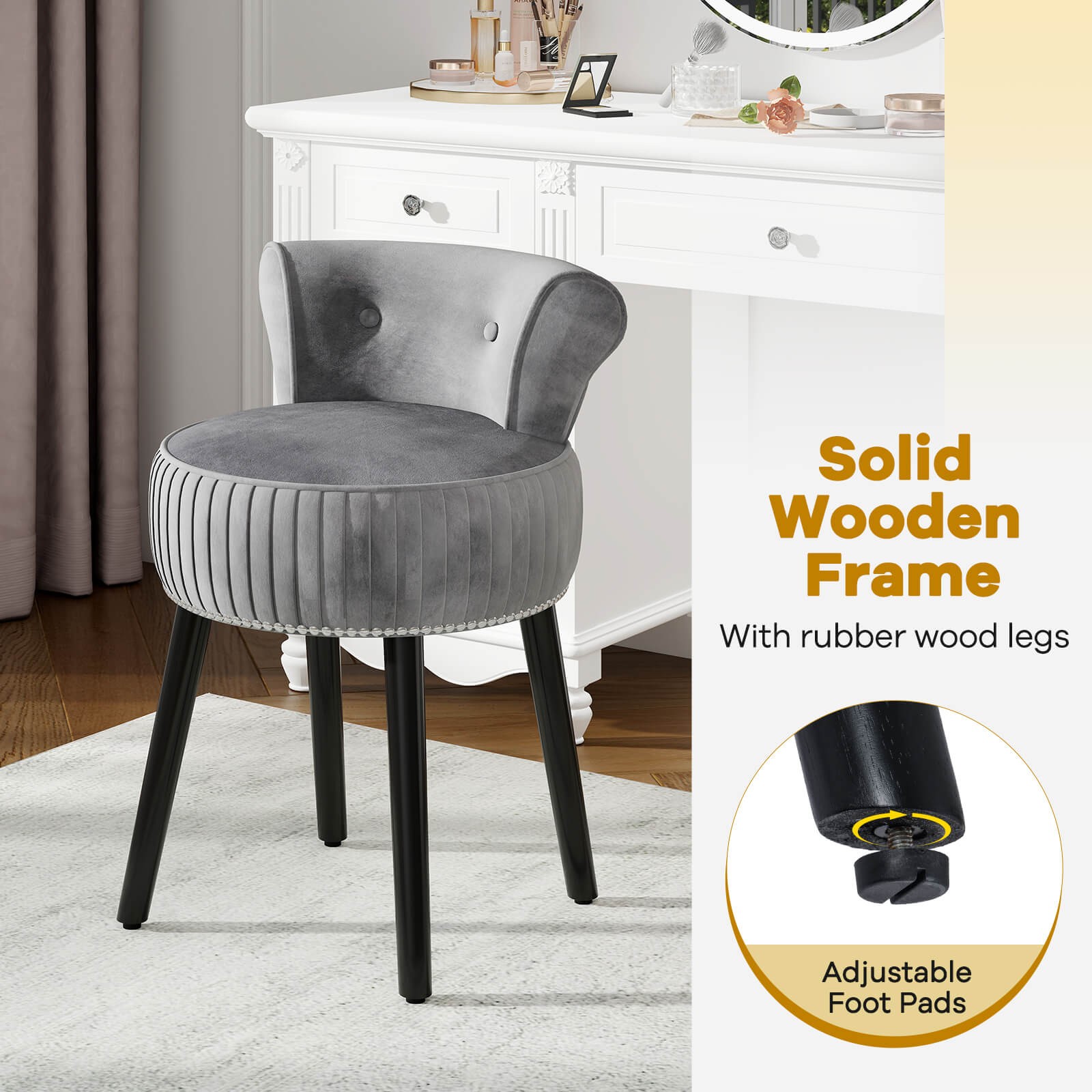 Velvet Vanity Chair with Back Tufted Low Back and Solid Wood Legs for Bedroom