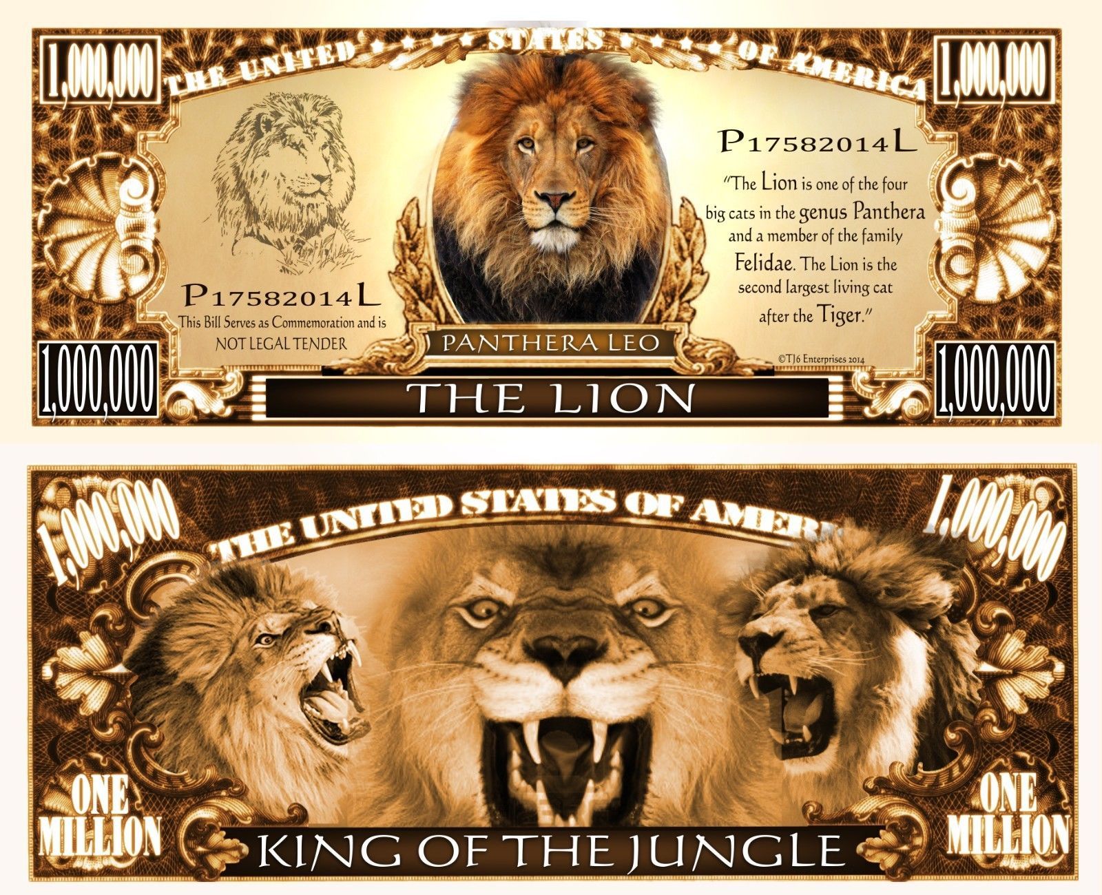 Lion ~ King of Jungle ~ Million Dollar Bill Funny Money Novelty with FREE SLEEVE