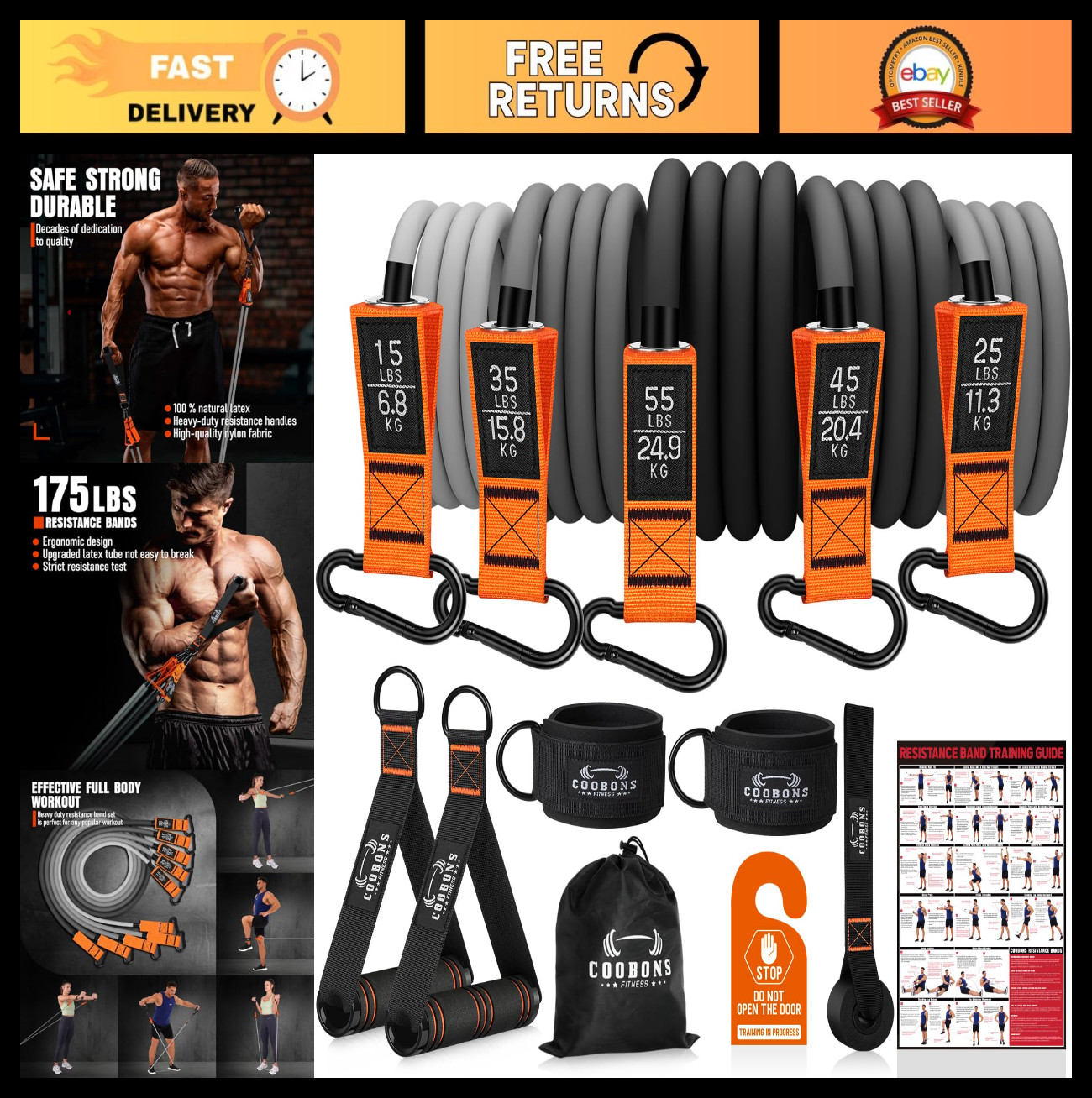 175lb Resistance Bands with Handles, Door Anchor & Ankle Straps - Fitness & Stre