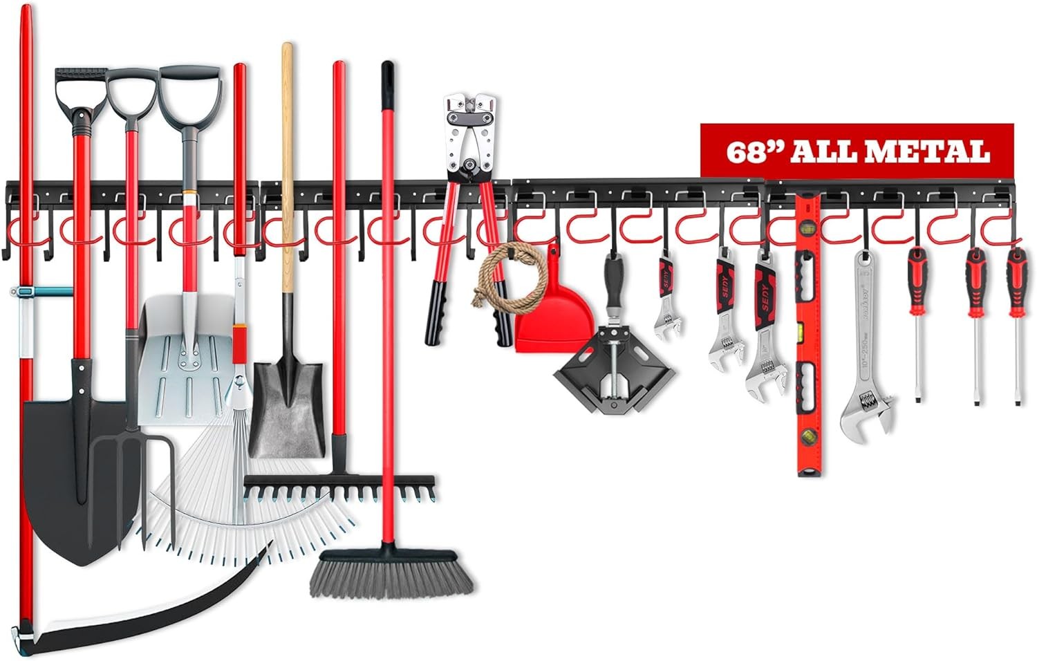 68" All Metal Garden Tool Organizer - Sturdy Garage Wall 68-inch, Black / Red