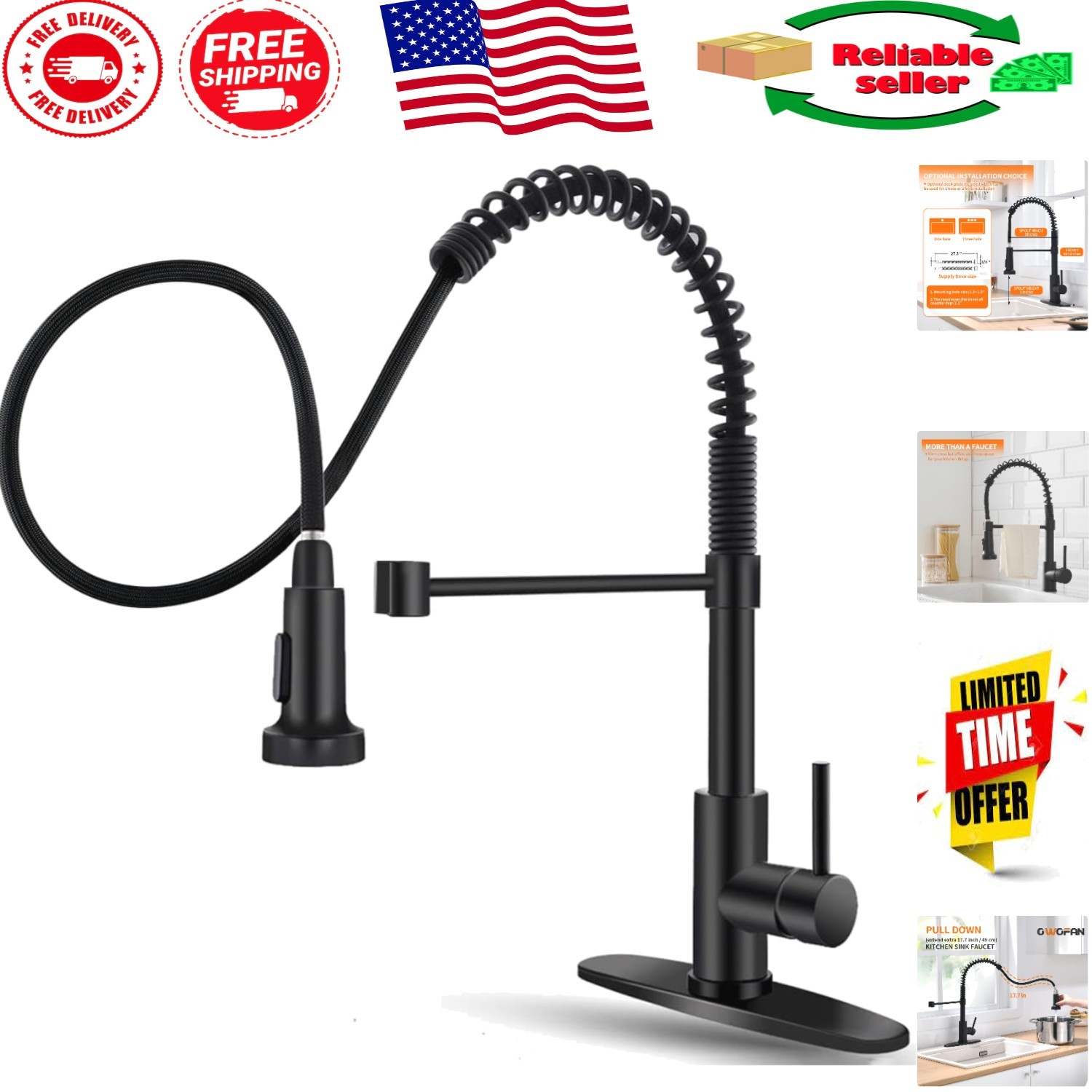 Classic Black Pull Down Kitchen Faucet - Easy Installation & Durable Performance