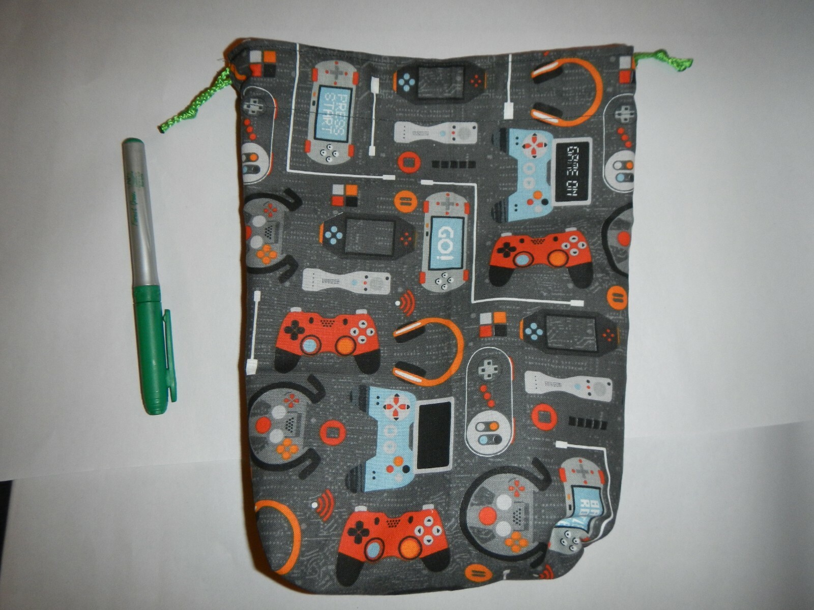 Dice poke bag grey video game theme green draw string hand made wide base