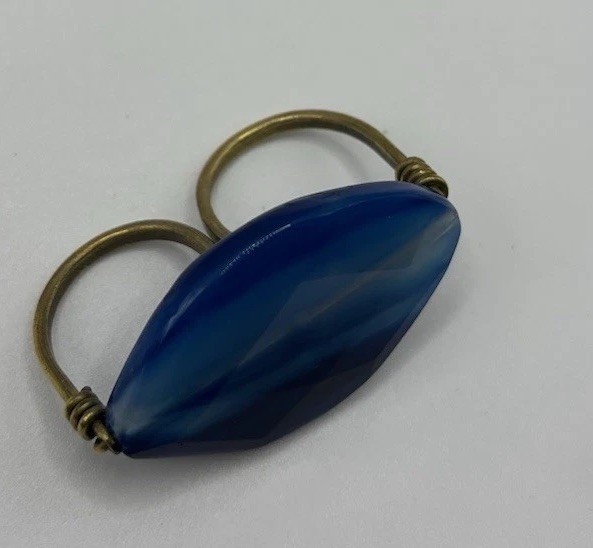 Blue Banded Faceted Agate Double Ring In Brass Wire Wrap slightly adjustable 7