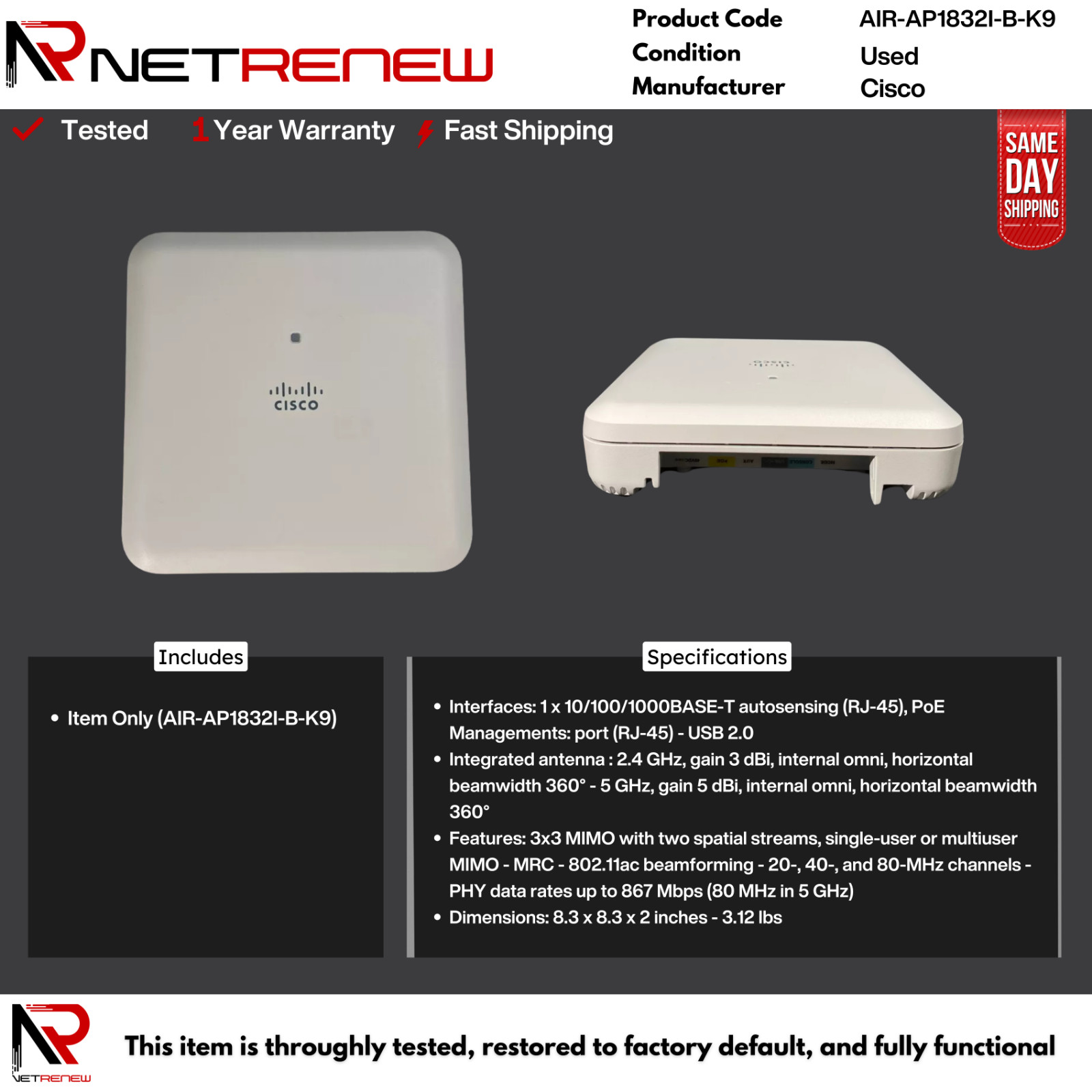 Cisco AIR-AP1832I-B-K9 Aironet 1832I Wireless Access Point