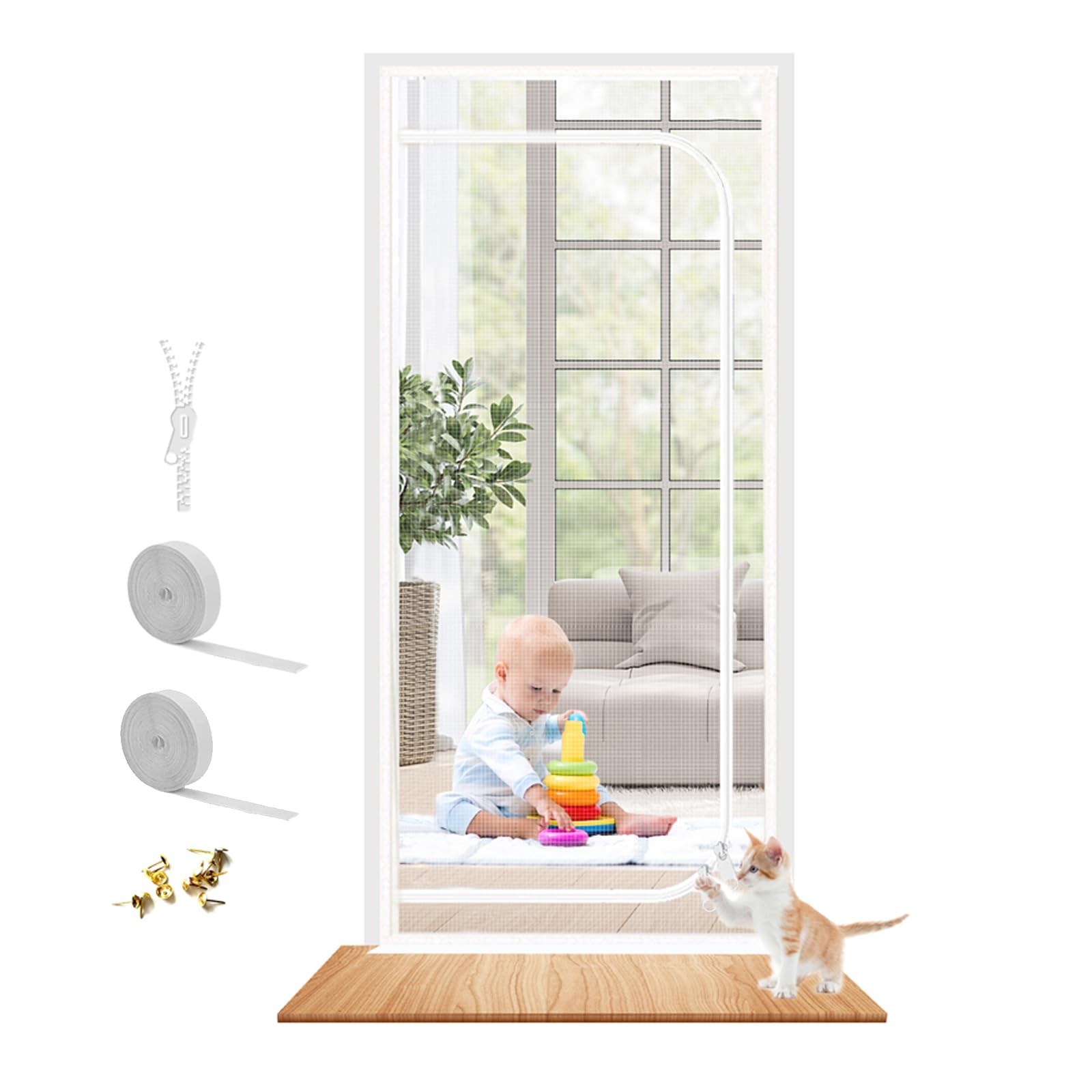 Pet Screen Door Fits 36x82 Inch Thickened Cat Resistant Mesh Zipper White