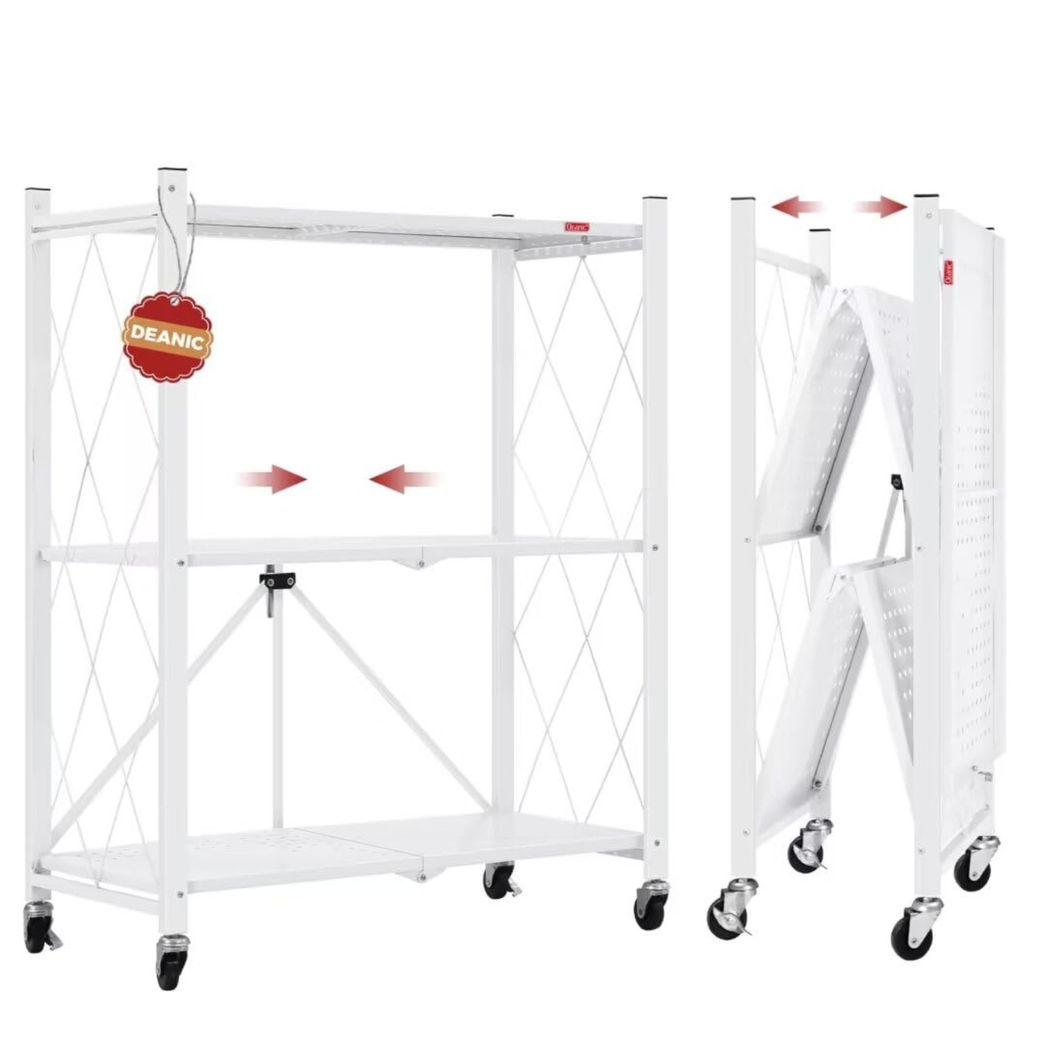 DEANIC 3 Tier Foldable Storage Shelves with Wheels, Kitchen Appliance Stand, ...
