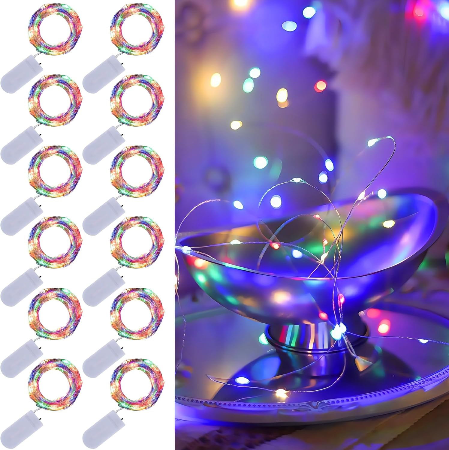 12 Pack Colorful Fairy Lights Battery Operated (Included), 7 Ft 20 LED Mini Stri