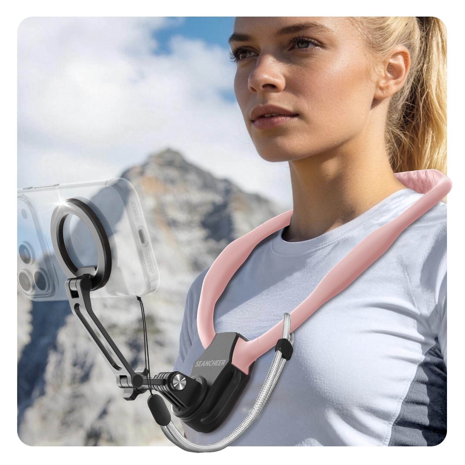【2026 Extended Long】Magnetic Neck Mount for Phones, 27.6" Hands-Free Pink