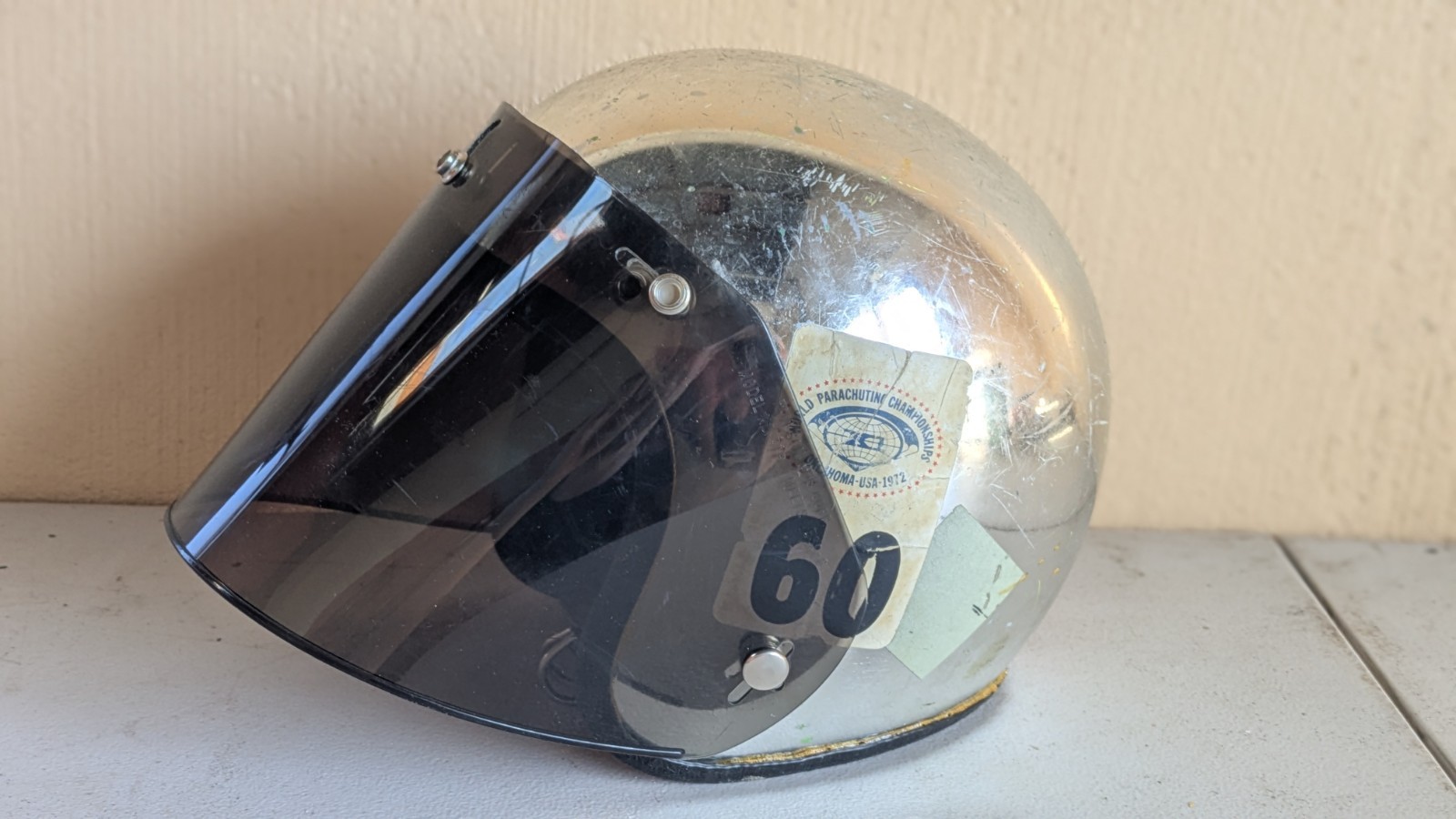 Vintage 1972 World Parachuting Championships Helmet | Chrome 3/4 Open Face | #60
